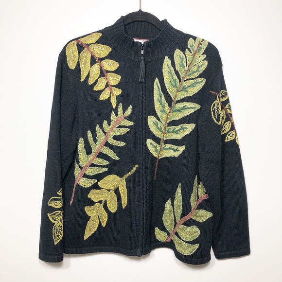 Tiara Sweaters - Tiara Embroidered Zip Cardigan Leaf Design Black Size M